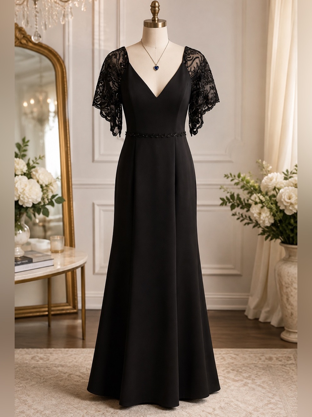 Ever-Pretty Black Sequin Lace Sleeve Maxi Evening Gown Formal Dress